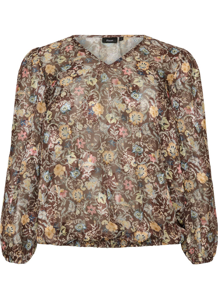 Blus med blommigt m&ouml;nster och ballong&auml;rmar, Brun, Packshot image number 0