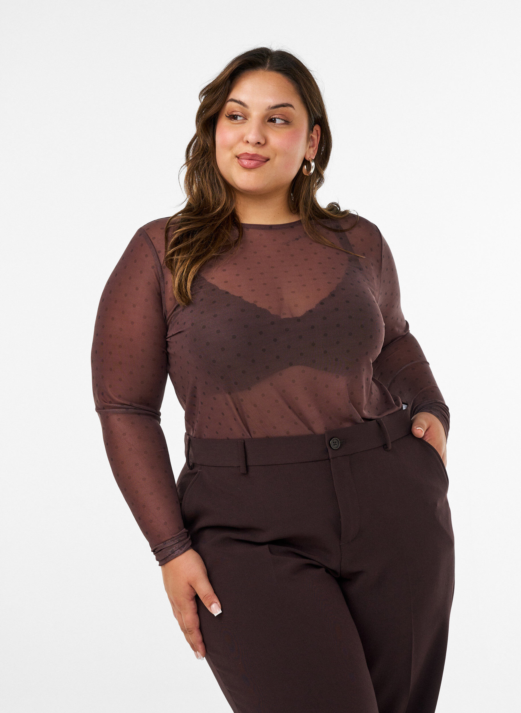 Blus i mesh med tryck, Brun, Model