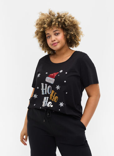 T-shirt med julmotiv i bomull, Black Ho Ho Ho, Model image number 0