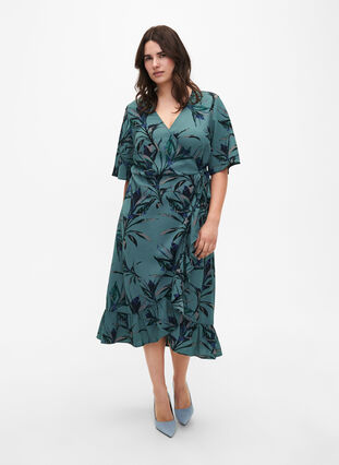 Tryckt omlottklänning med korta ärmar, Sea Pine Leaf AOP, Model image number 3
