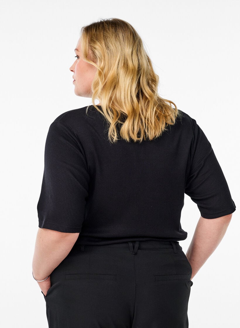 Blus i ribbad jersey med korta &auml;rmar, Svart, Model image number 2
