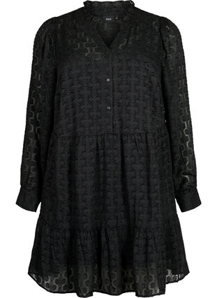 Jacquardklänning med volangkrage, Black, Packshot image number 0