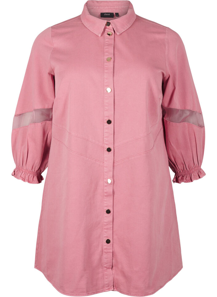 Skjortklänning i färgad denim med nätdetaljer, Heather Rose, Packshot image number 0