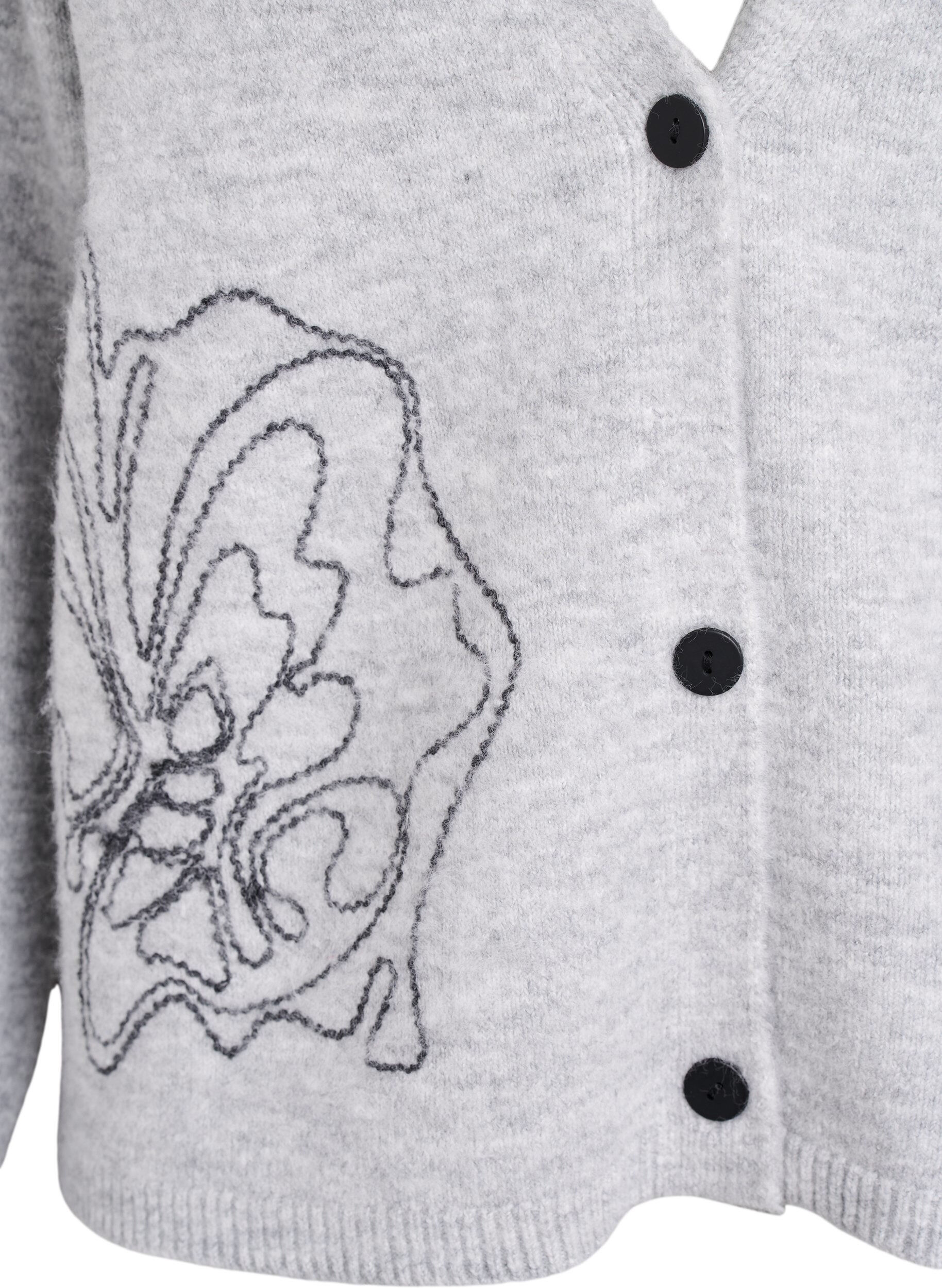 Zizzi Cardigan med v-ringning och broderade blommor, Gr&aring;, Packshot image number 2