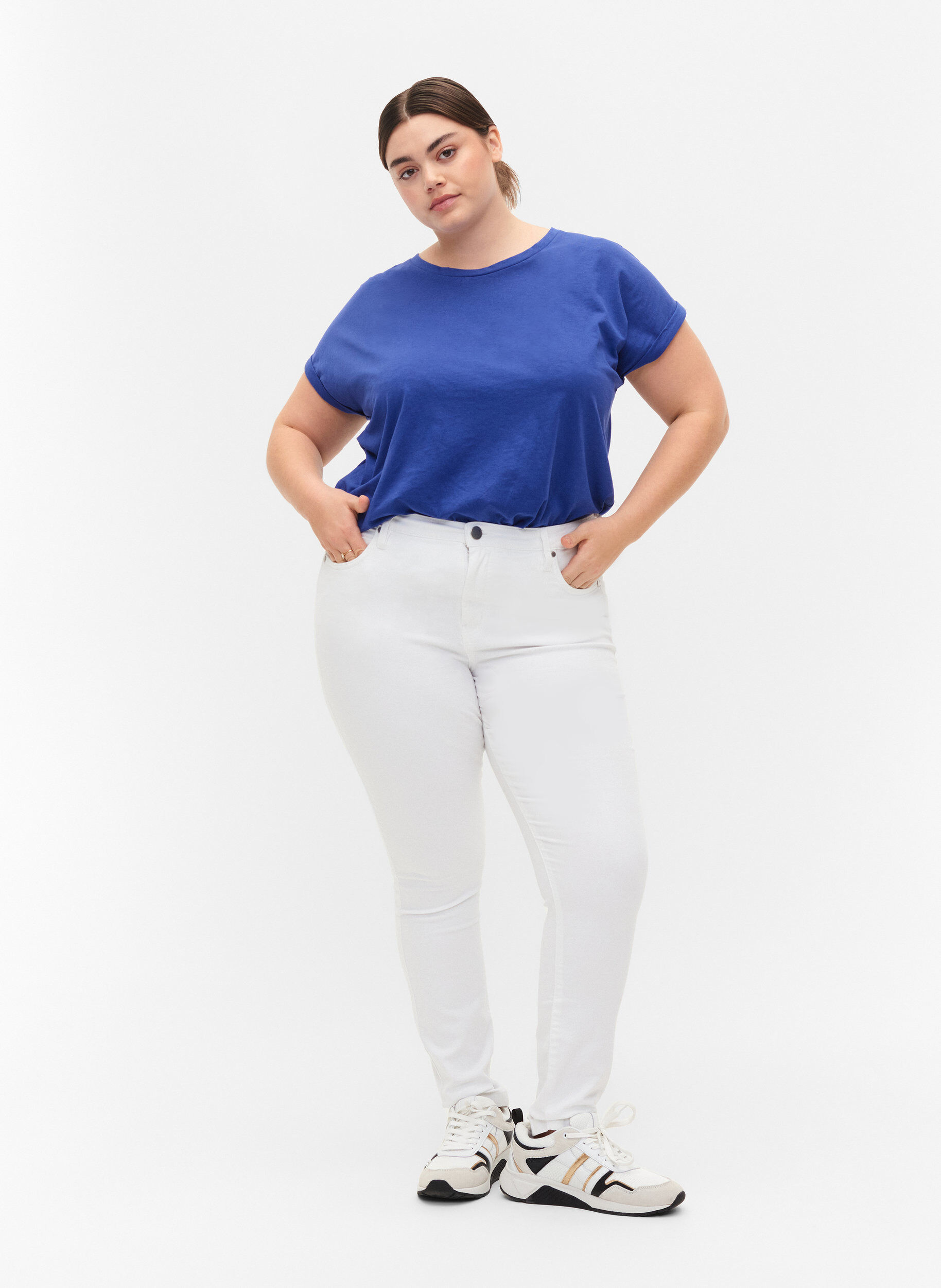 ZizziKort&auml;rmad t-shirt i bomullsmix, Bl&aring;, Model image number 1