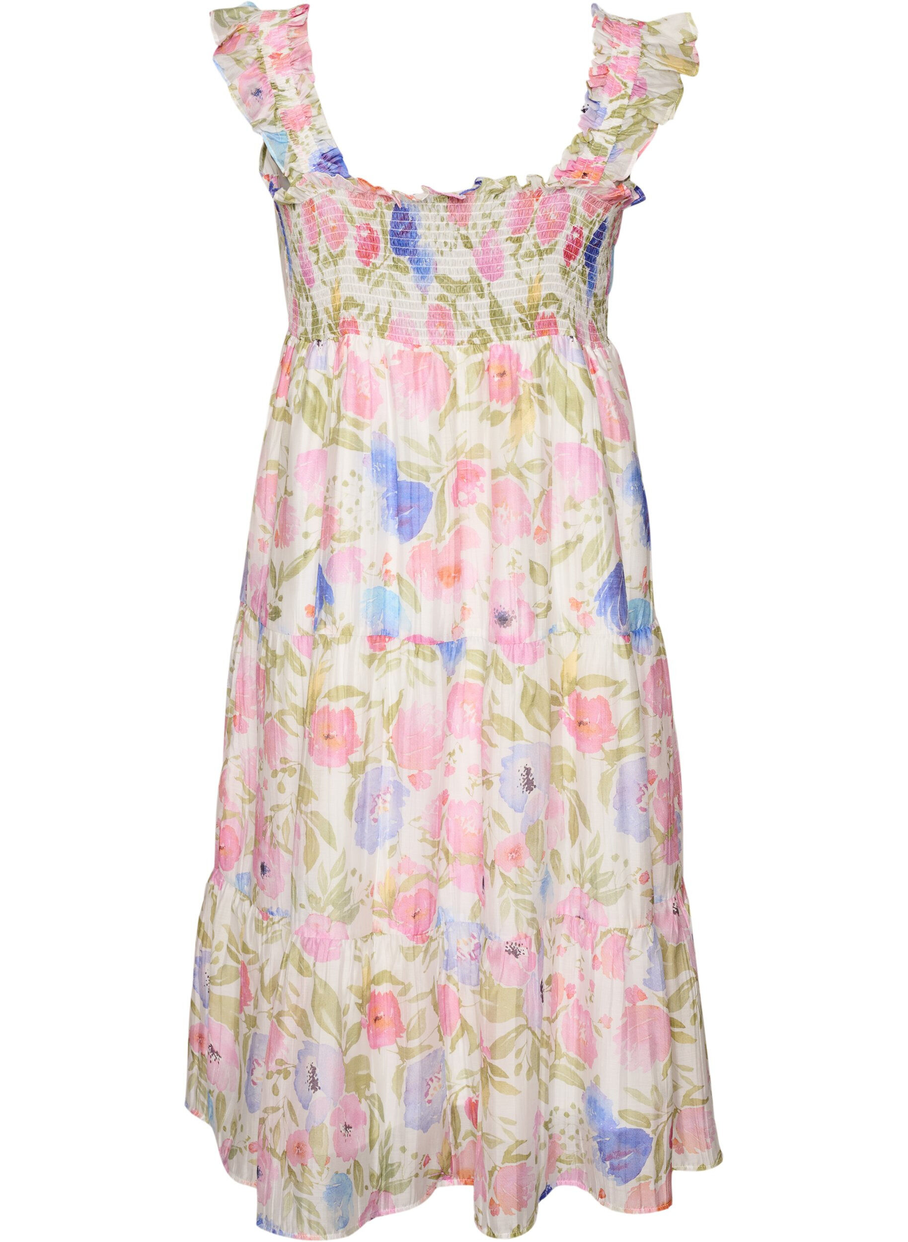 ZizziL&aring;ng blommig kl&auml;nning i lyocell med volanger, Vit, Packshot image number 1