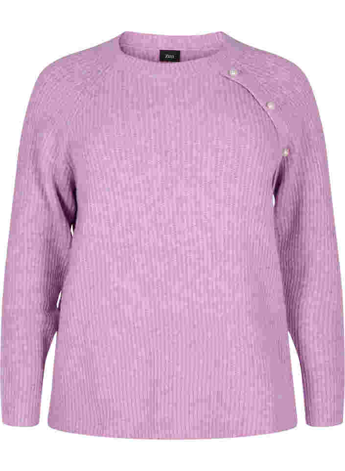 Melerad stickad tröja med pärlknappar, Purple Mel.