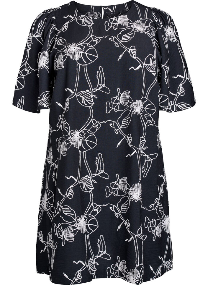 Kort A-linjeformad kl&auml;nning med broderat m&ouml;nster, Svart, Packshot image number 0