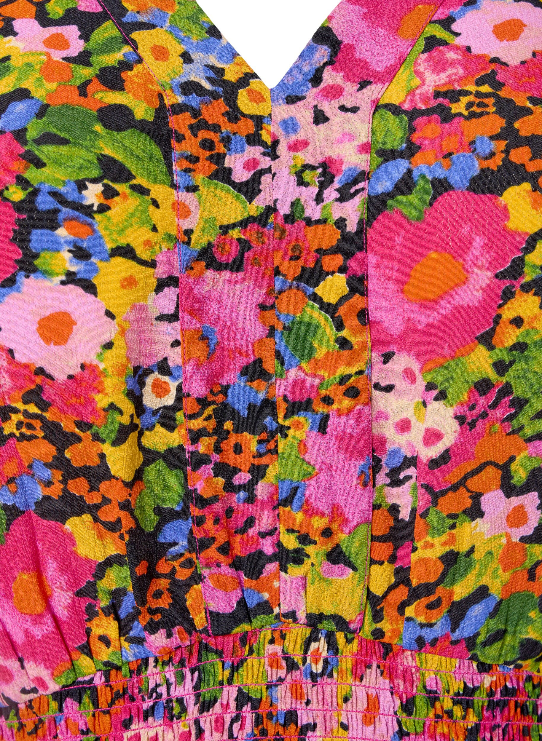 Zizzi Viskosblus med blommigt m&ouml;nster och smock, Neon Flower Print, Packshot image number 2