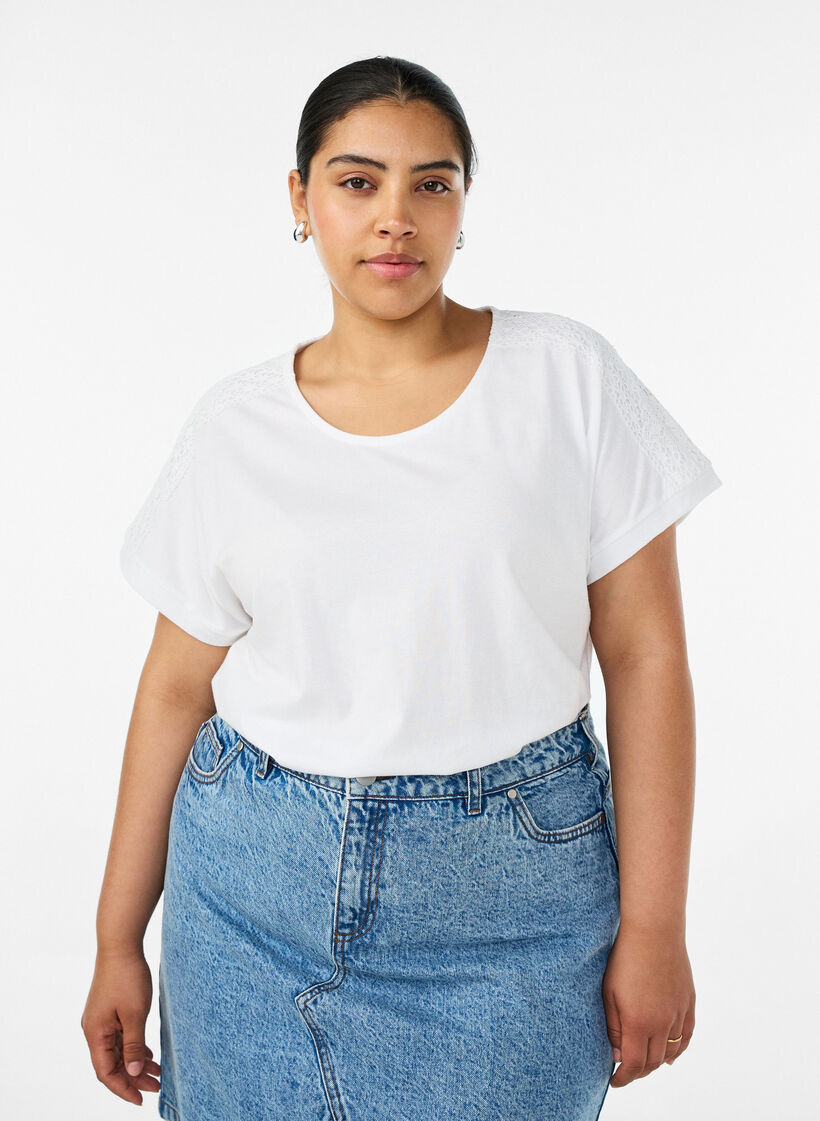 T-shirt i bomull med virkad detalj, Vit, Model image number 0