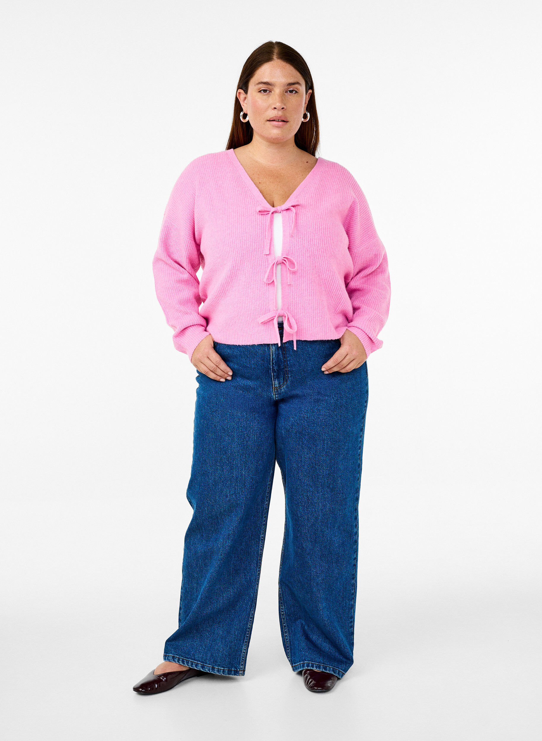 Zizzi Stickad kofta med knytsk&auml;rp, Begonia Pink Mel., Model image number 2