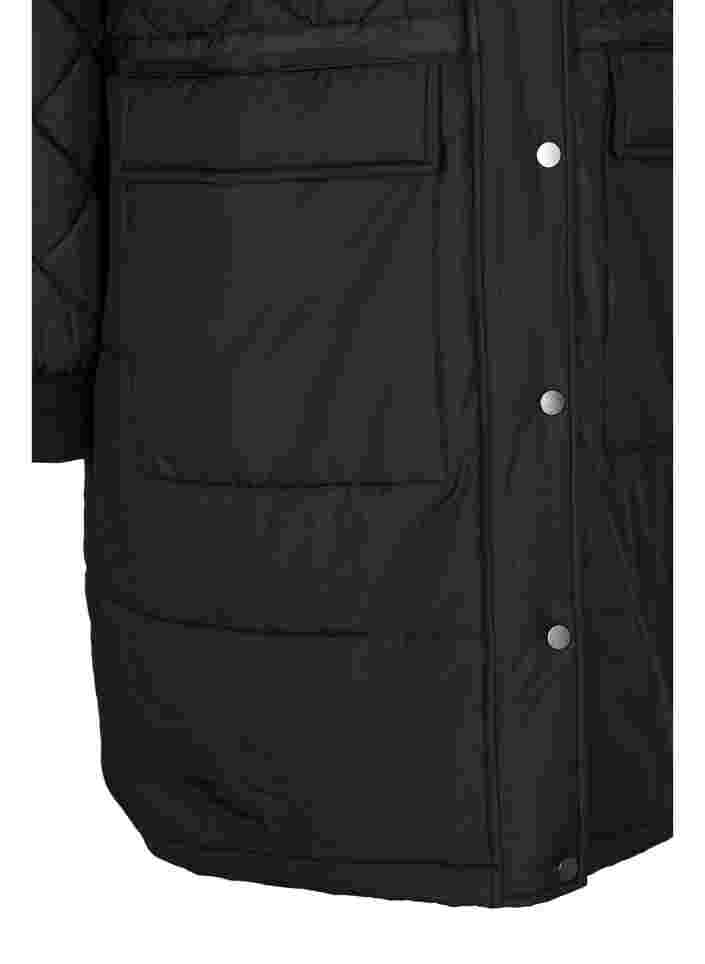 Quiltat jacka med huva och justerbar midja, Black, Packshot image number 3