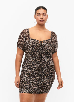 Kort klänning i mesh med leopardtryck, Leo, Model image number 0