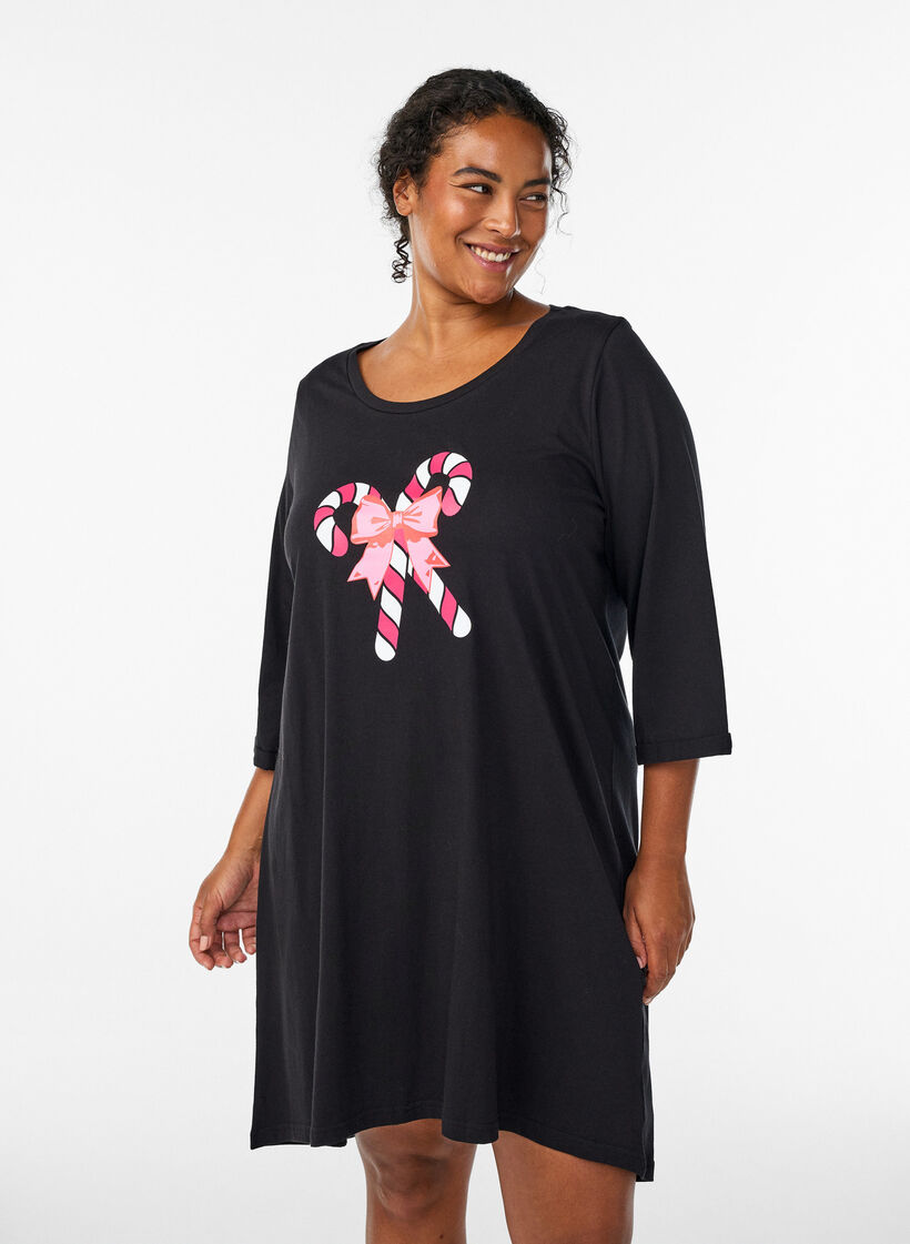 Nattlinne i ekologisk bomull med julmotiv, Svart, Model image number 0
