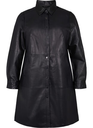 Läderklänning med långa ärmar och knäppning, Black, Packshot image number 0