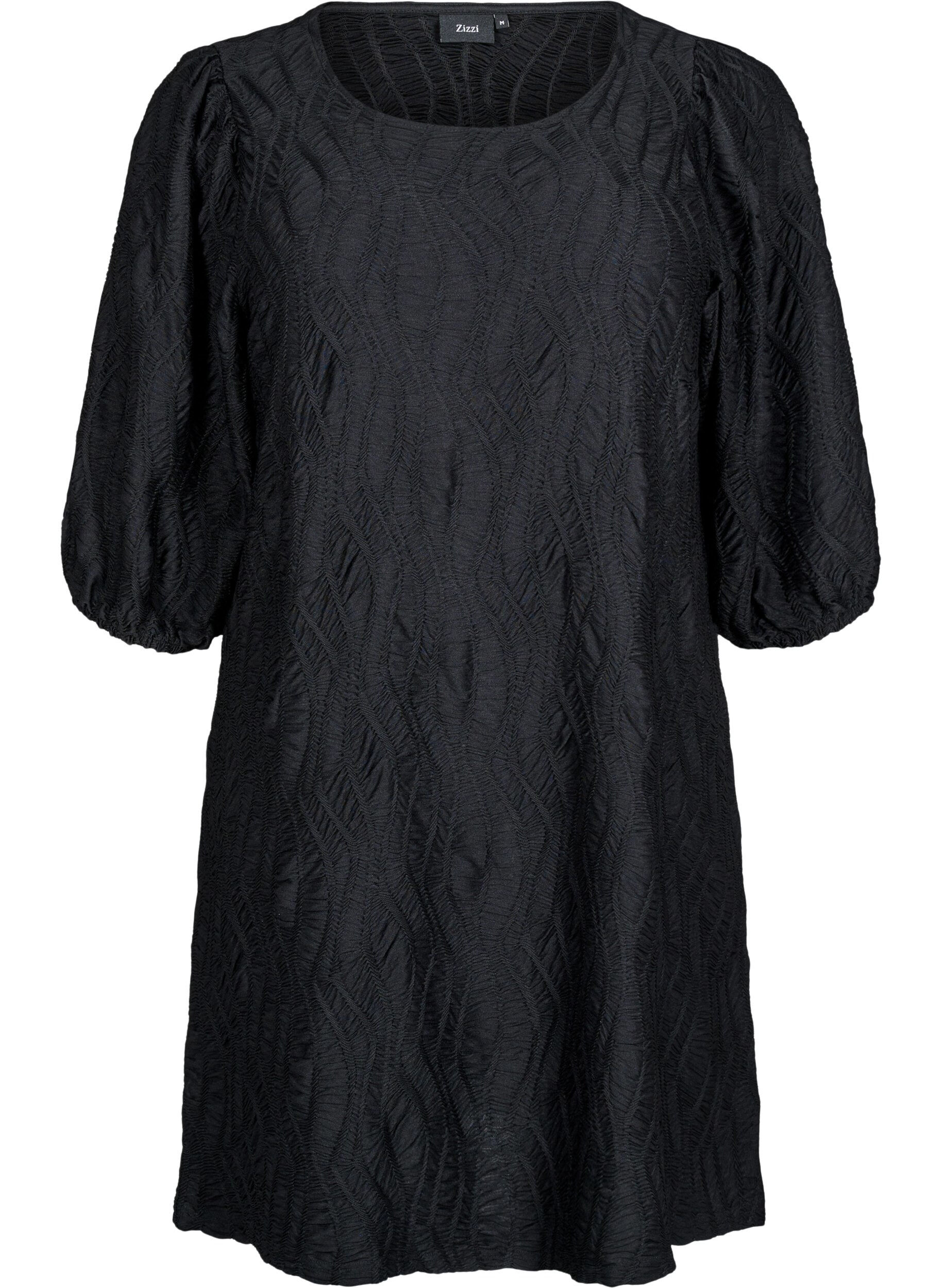 Zizzi Kort kl&auml;nning med struktur och 3/4-&auml;rmar, Svart, Packshot image number 0
