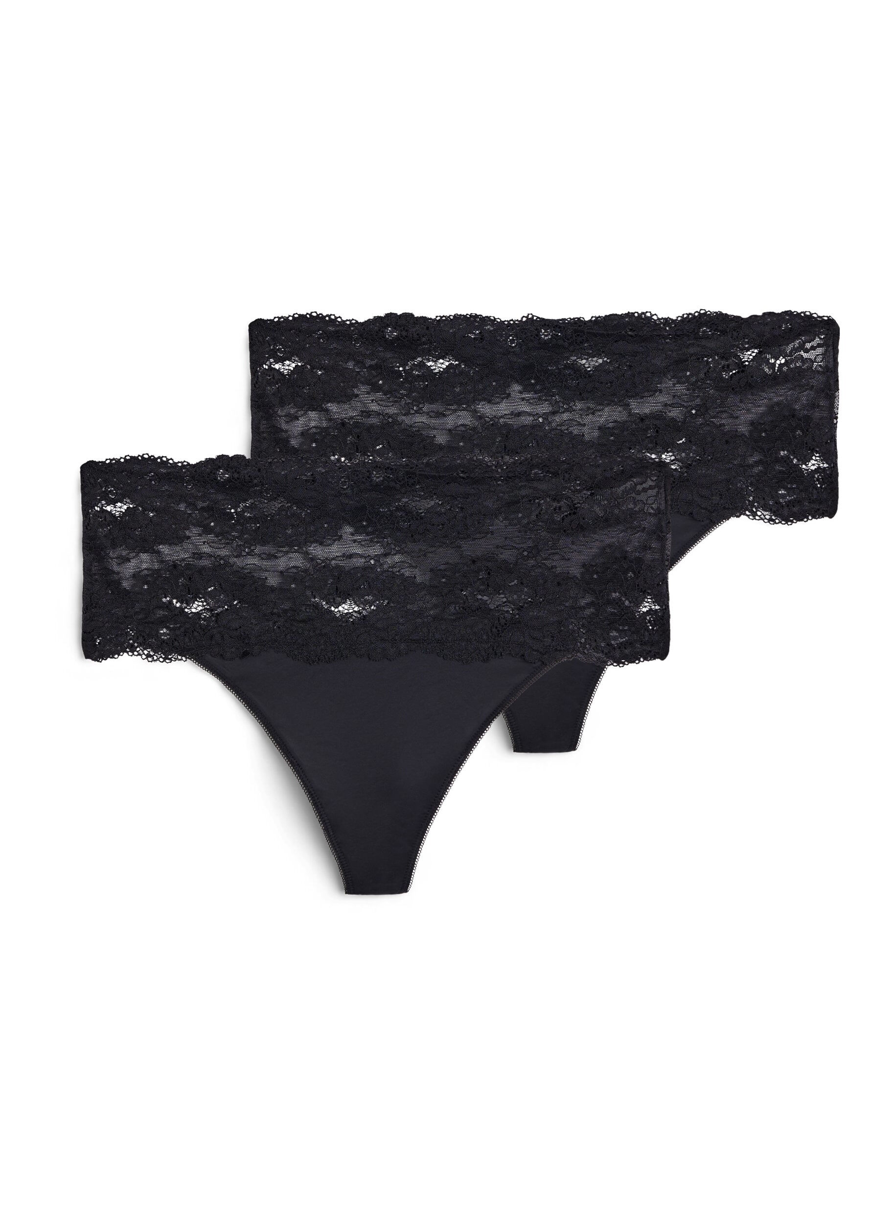 Zizzi 2-pack g-string med bred spetskant, Svart, Packshot image number 0