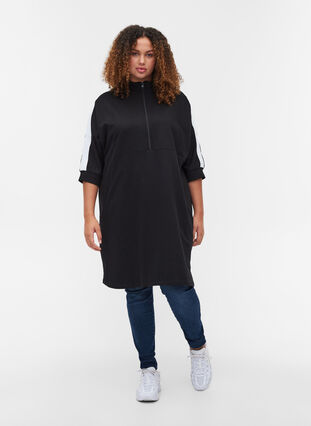 Sweatshirtklänning i bomull med dragkedja och 3/4 ärmar, Black, Model image number 3