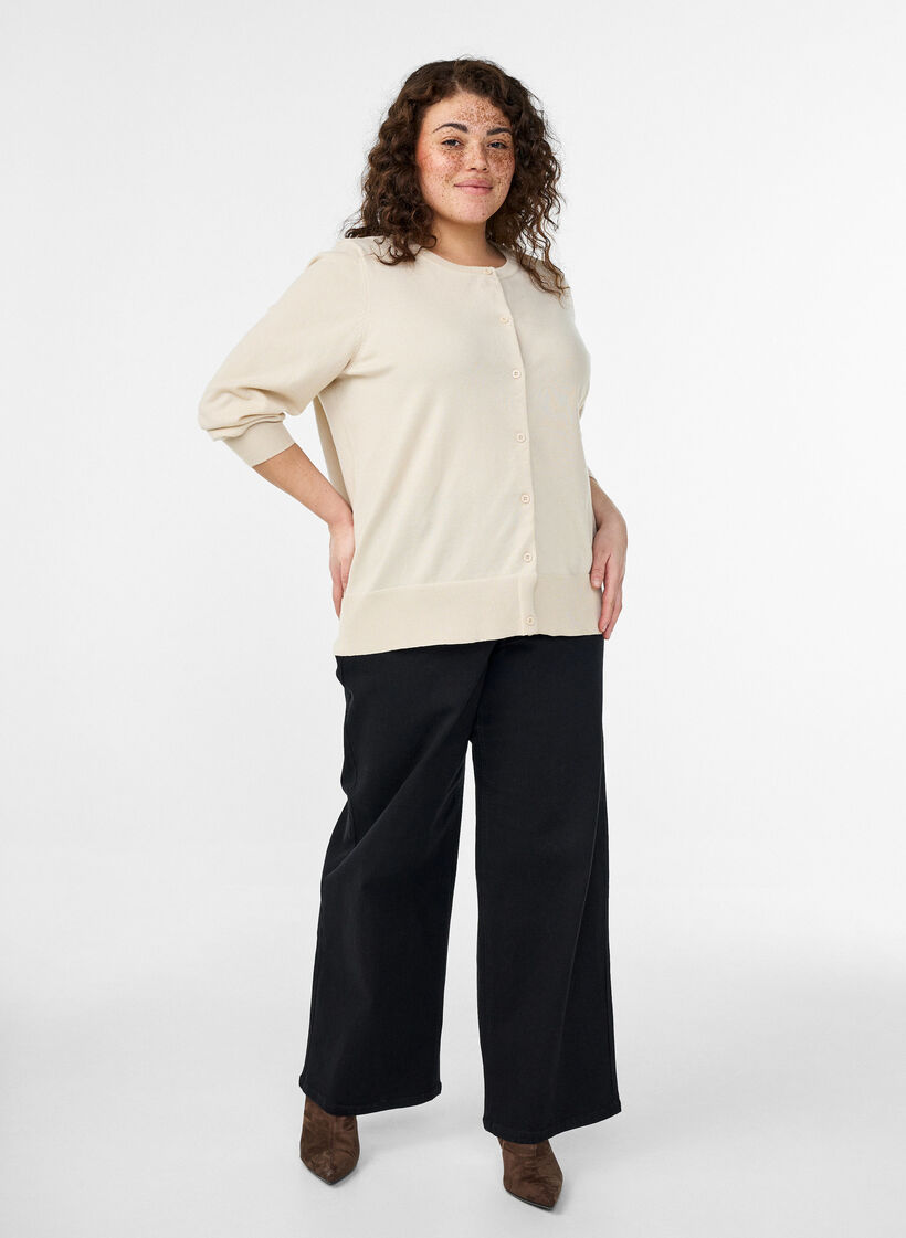 Finstickad kofta med rund halsringning, Beige, Model image number 1