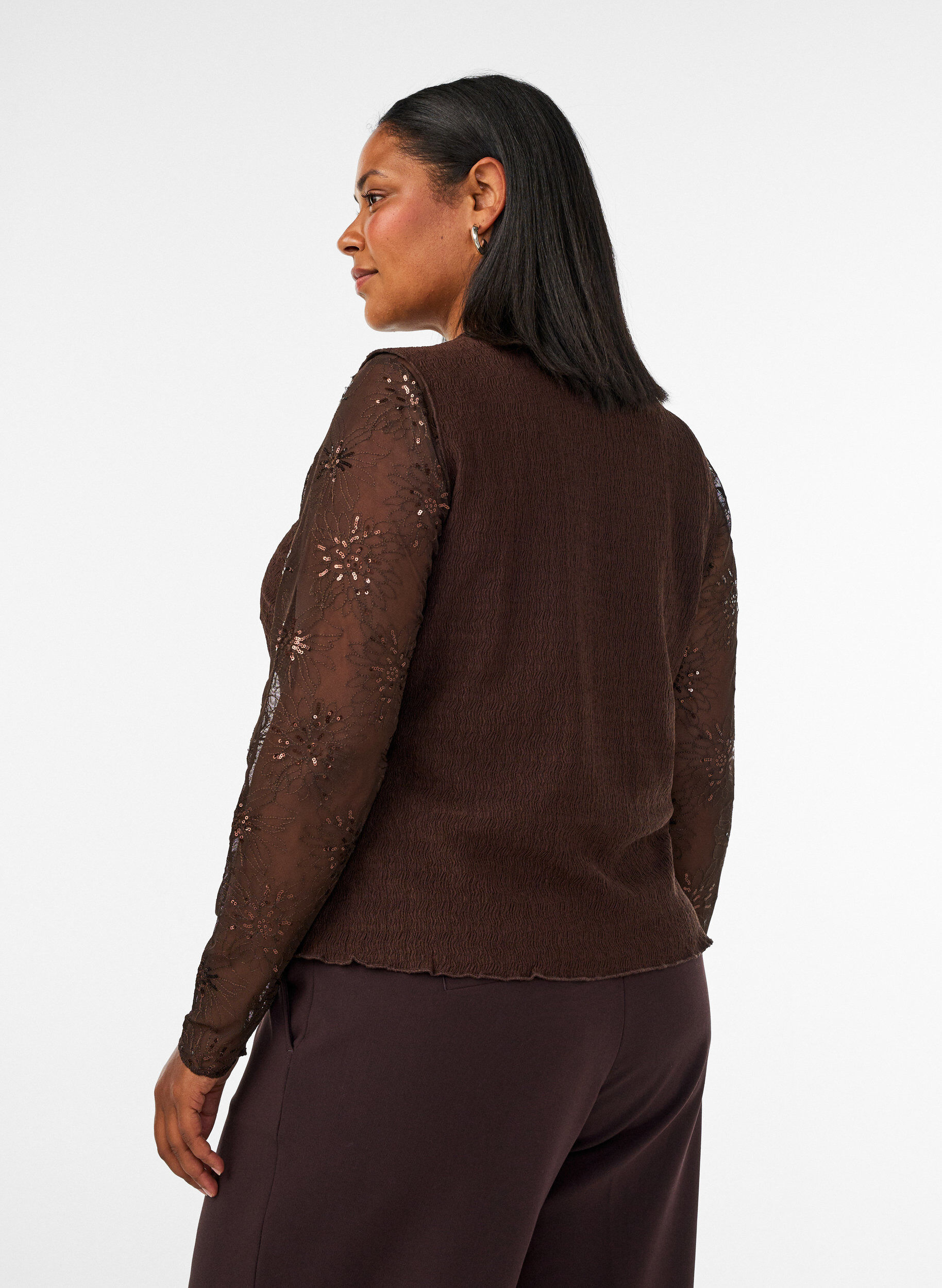ZizziBlus i mesh med blommor och paljetter, Brun, Model image number 2