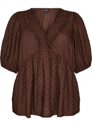 Blus i viskos med prickig textur och v-ringning, Brun