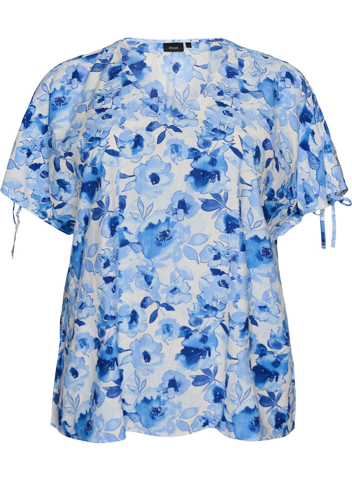 Blus i viskos med rynkade &auml;rmar, Bl&aring;, Packshot image number 0