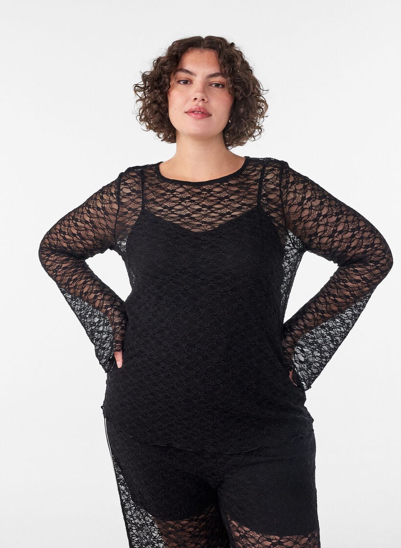 Blus i genomskinlig spets med l&aring;nga &auml;rmar, Svart, Model image number 0