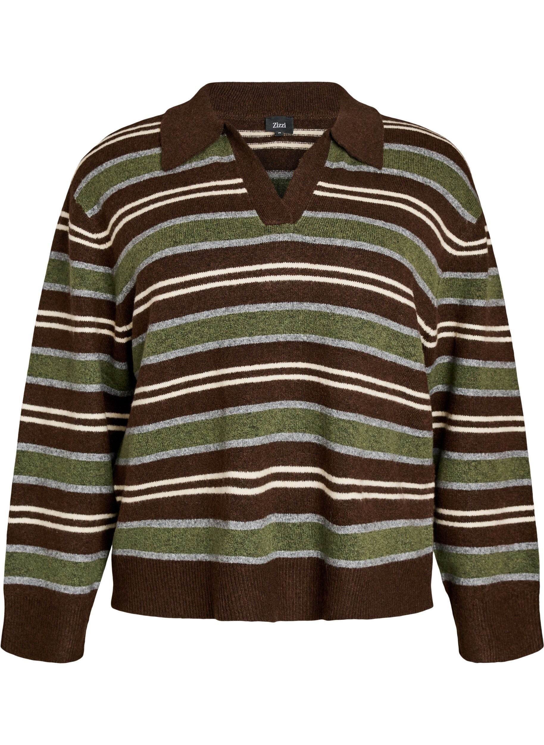 Stickad blus med r&auml;nder och polokrage