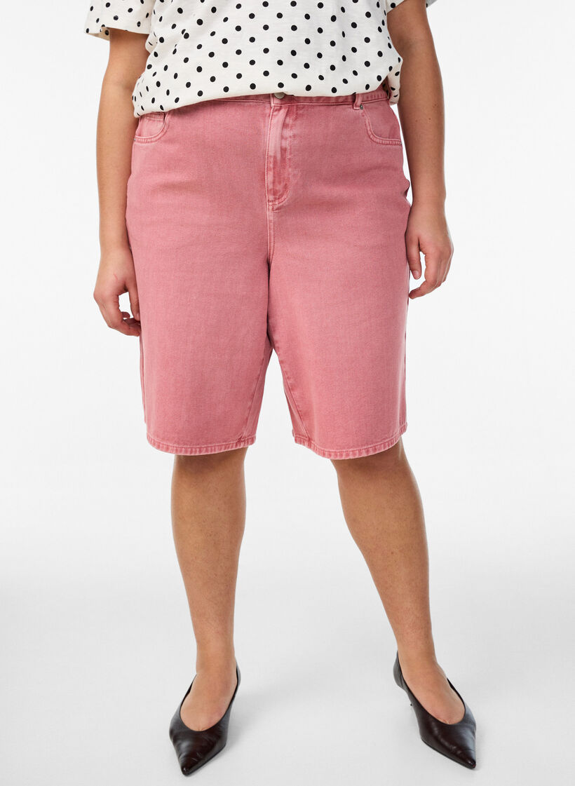 F&auml;rgade bermudashorts i denim med h&ouml;g midja, Rosa, Model image number 0