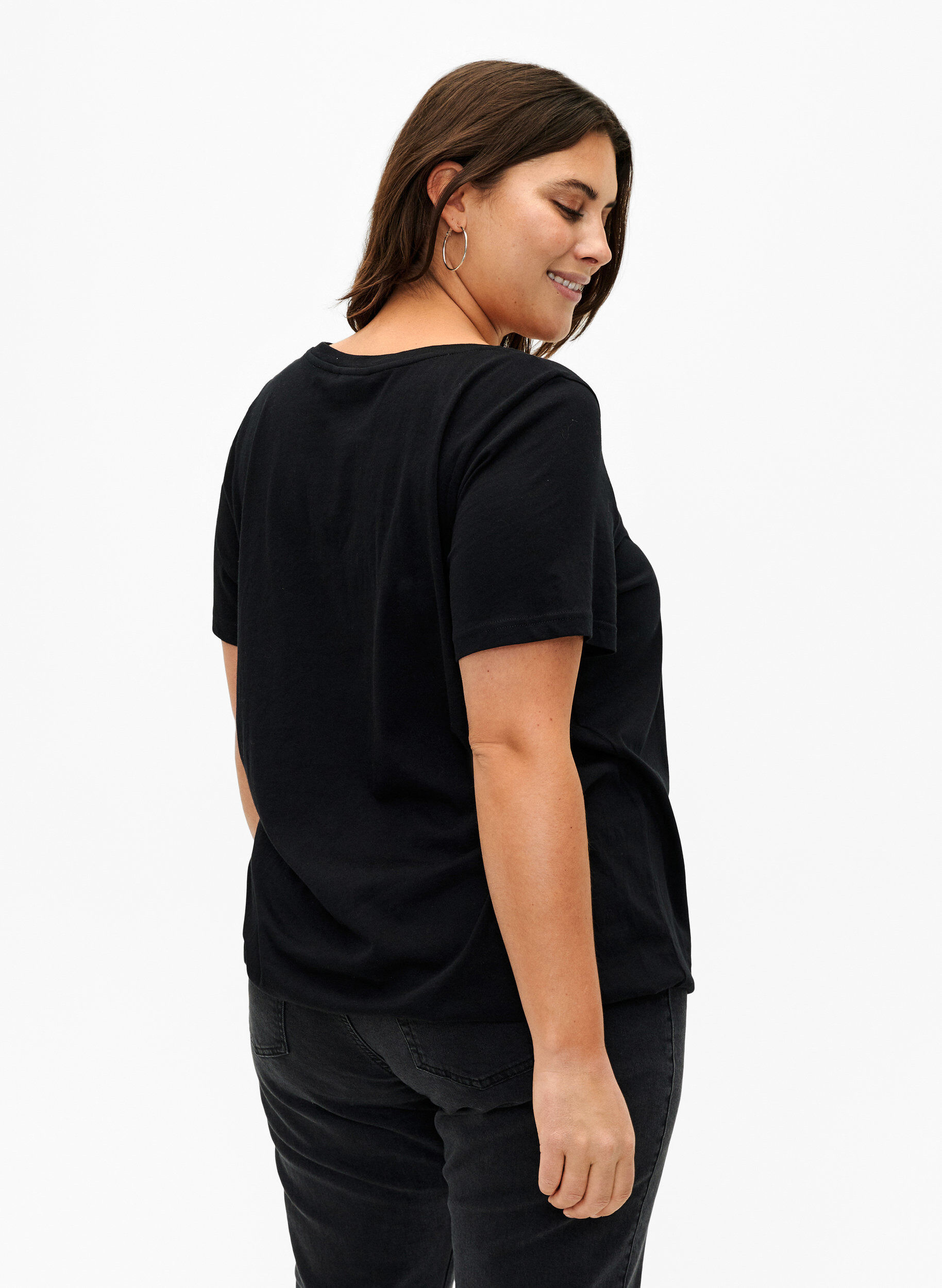 Zizzi Kort&auml;rmad t-shirt i bomull med elastisk kant, Black w. Live, Model image number 1