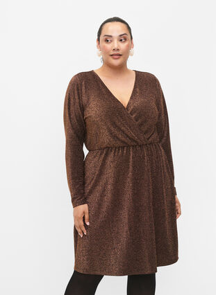 Glitterklänning med omlott och långa ärmar, Black Copper, Model image number 0