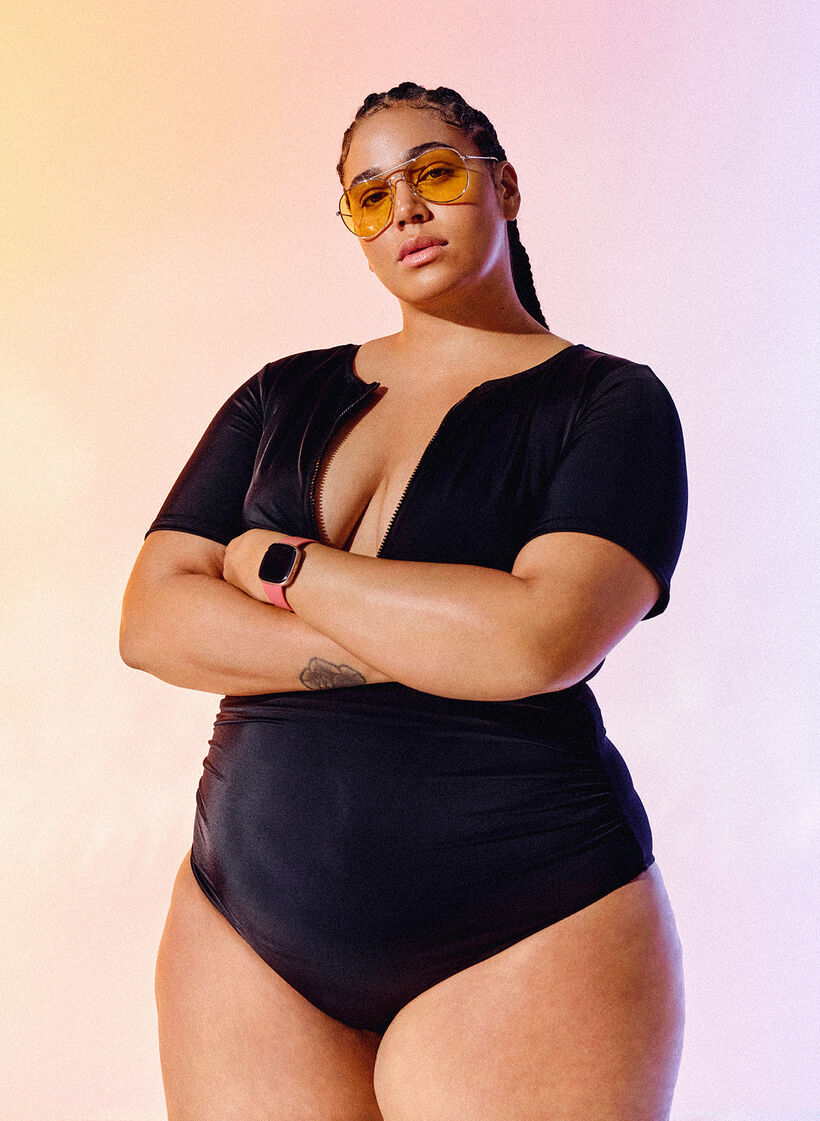 Baddräkt med dragkedja och korta ärmar, Black, Image image number 0