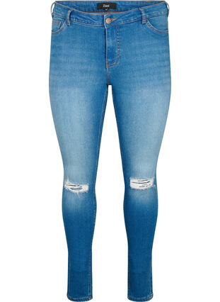 Extra slimmade Sanna jeans med förstörd stil, Blue denim, Packshot image number 0