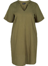 Kortärmad klänning i bomullsmix med linne, Ivy Green
