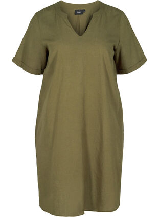 Kortärmad klänning i bomullsmix med linne, Ivy Green, Packshot image number 0