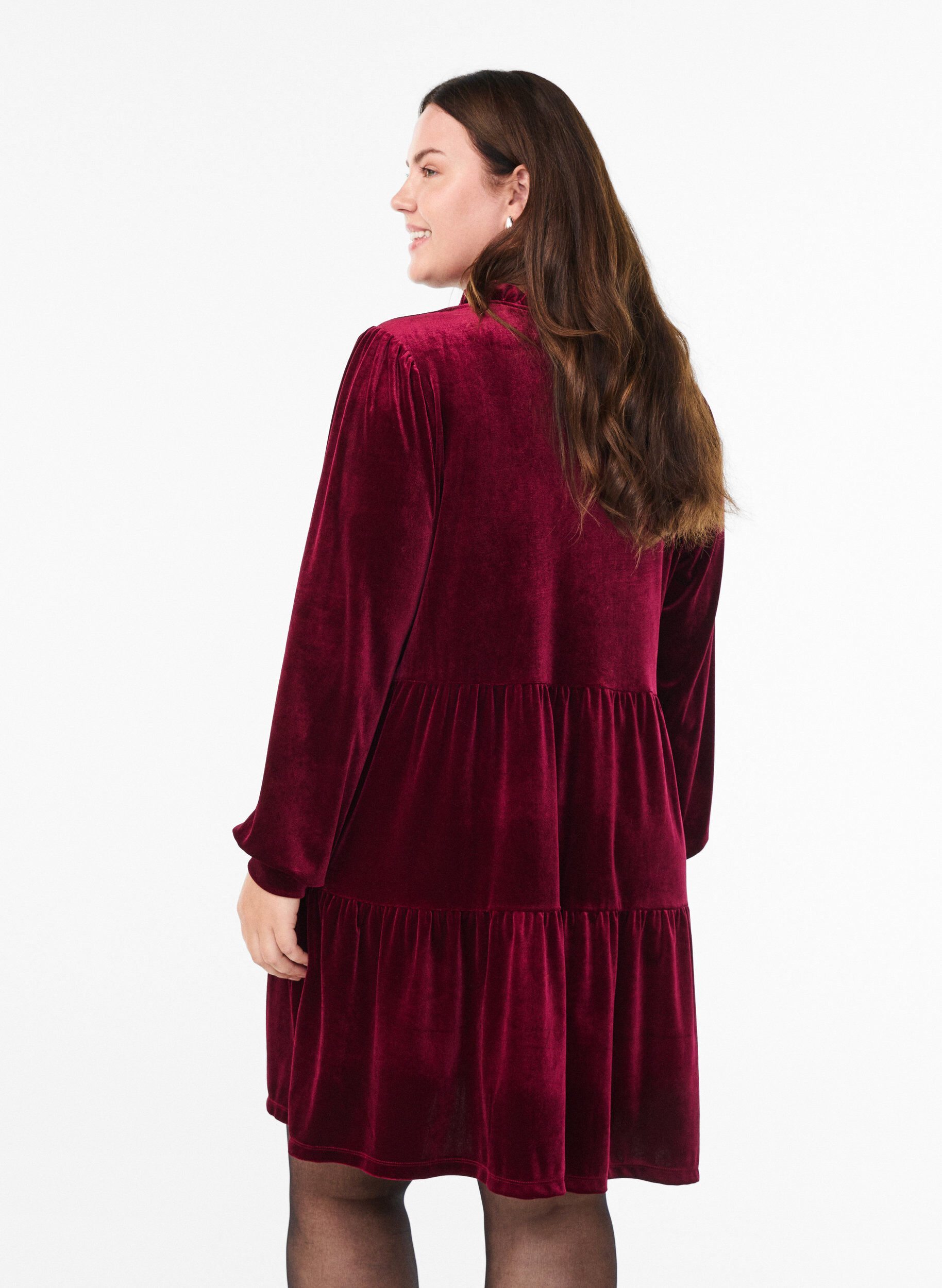 ZizziKort kl&auml;nning i velour med volangkrage och l&aring;nga &auml;rmar, R&ouml;d, Model image number 2