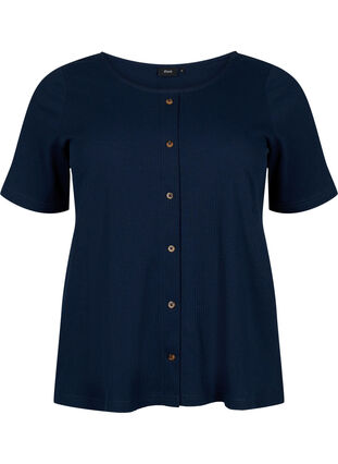 Ribbad t-shirt med knappar och korta ärmar, Navy Blazer, Packshot image number 0