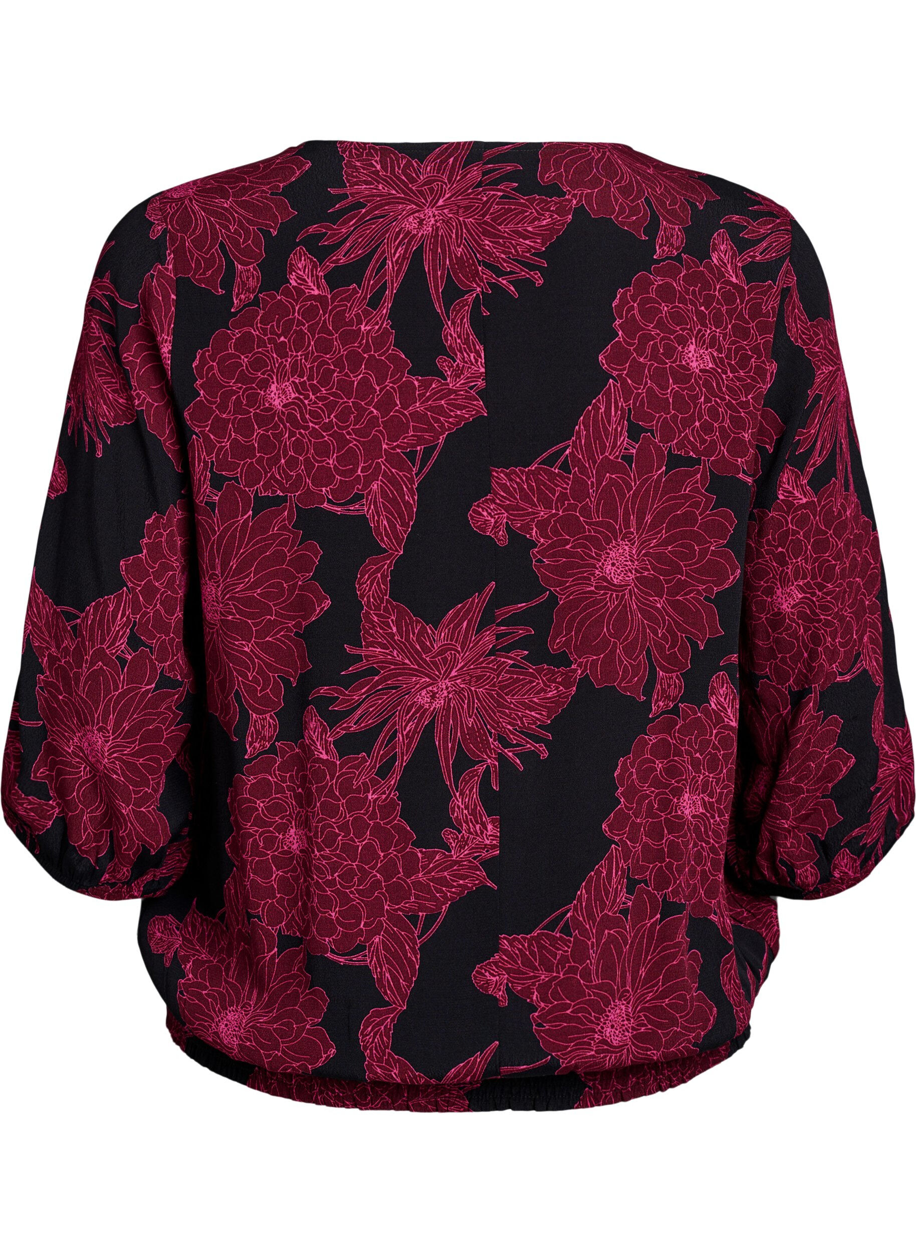 ZizziBlus i viskos med blomm&ouml;nster och smock, M&ouml;rk Bordeaux, Packshot image number 1