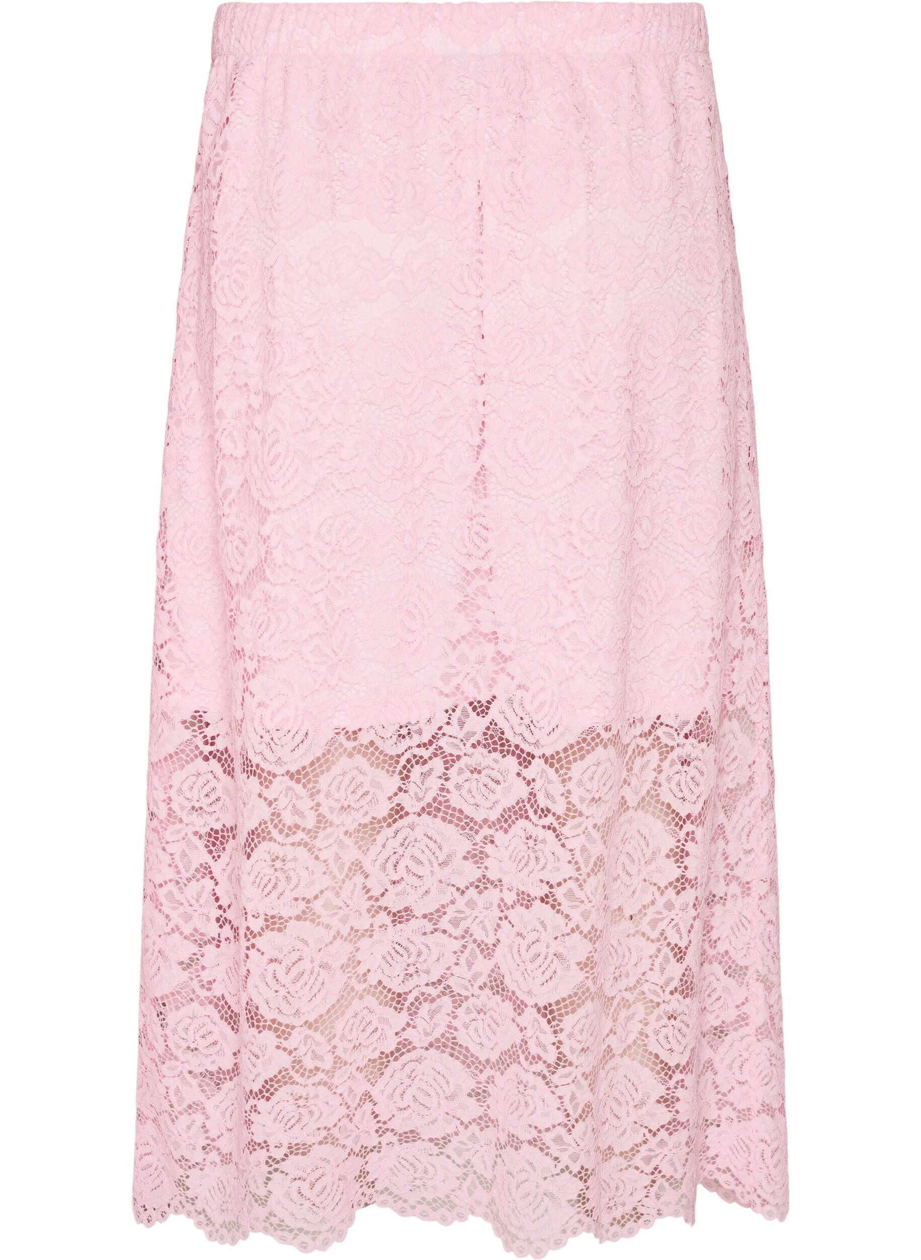 ZizziMidikjol i spets med res&aring;r i midjan, Rosa, Packshot image number 1