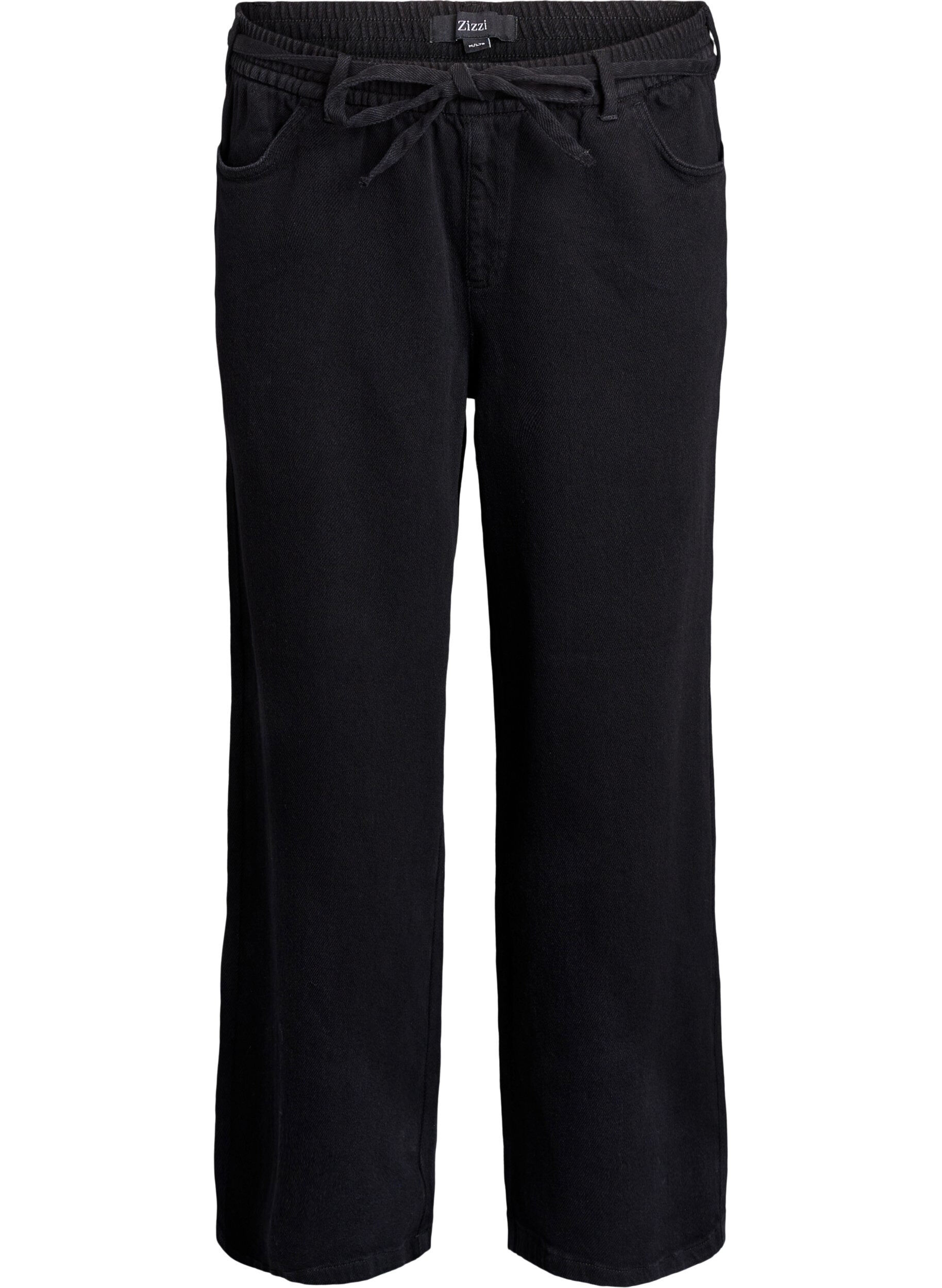 Jeans med l&ouml;s passform, res&aring;r och dragsko