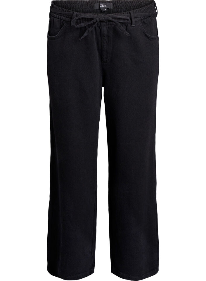Jeans med l&ouml;s passform, res&aring;r och dragsko, Svart, Packshot image number 0