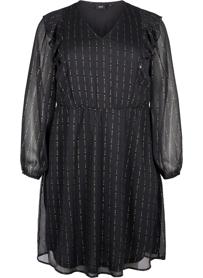 Mönstrad chiffongklänning med volanger, Black, Packshot image number 0