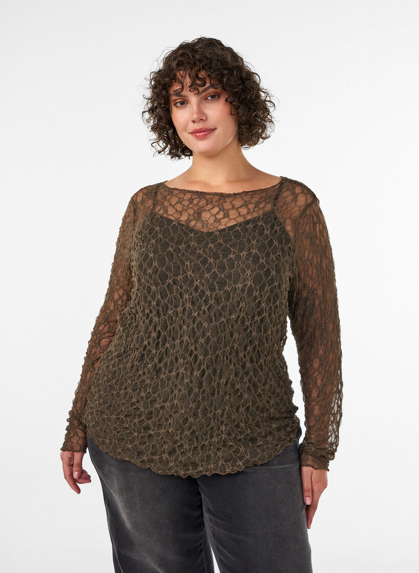 Blus i mesh med m&ouml;nster och glittertr&aring;d, Brun, Model image number 0