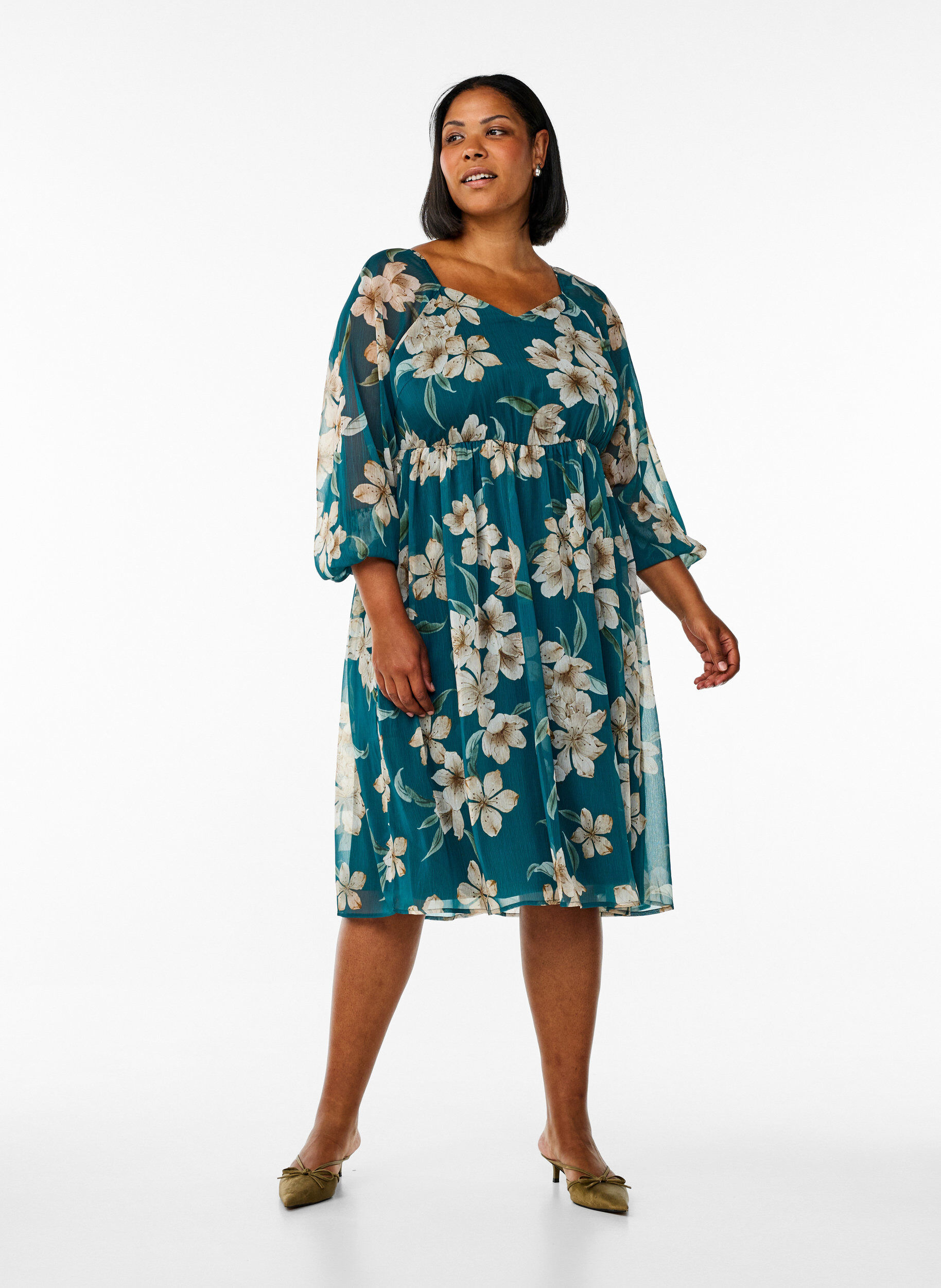 Zizzi Festkl&auml;nning i chiffong med l&aring;nga &auml;rmar, Gr&ouml;n, Model image number 1