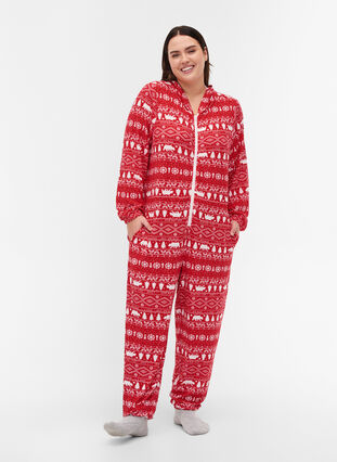 Jumpsuit med julmönster, huva och dragkedja, Christmas AOP, Model image number 0