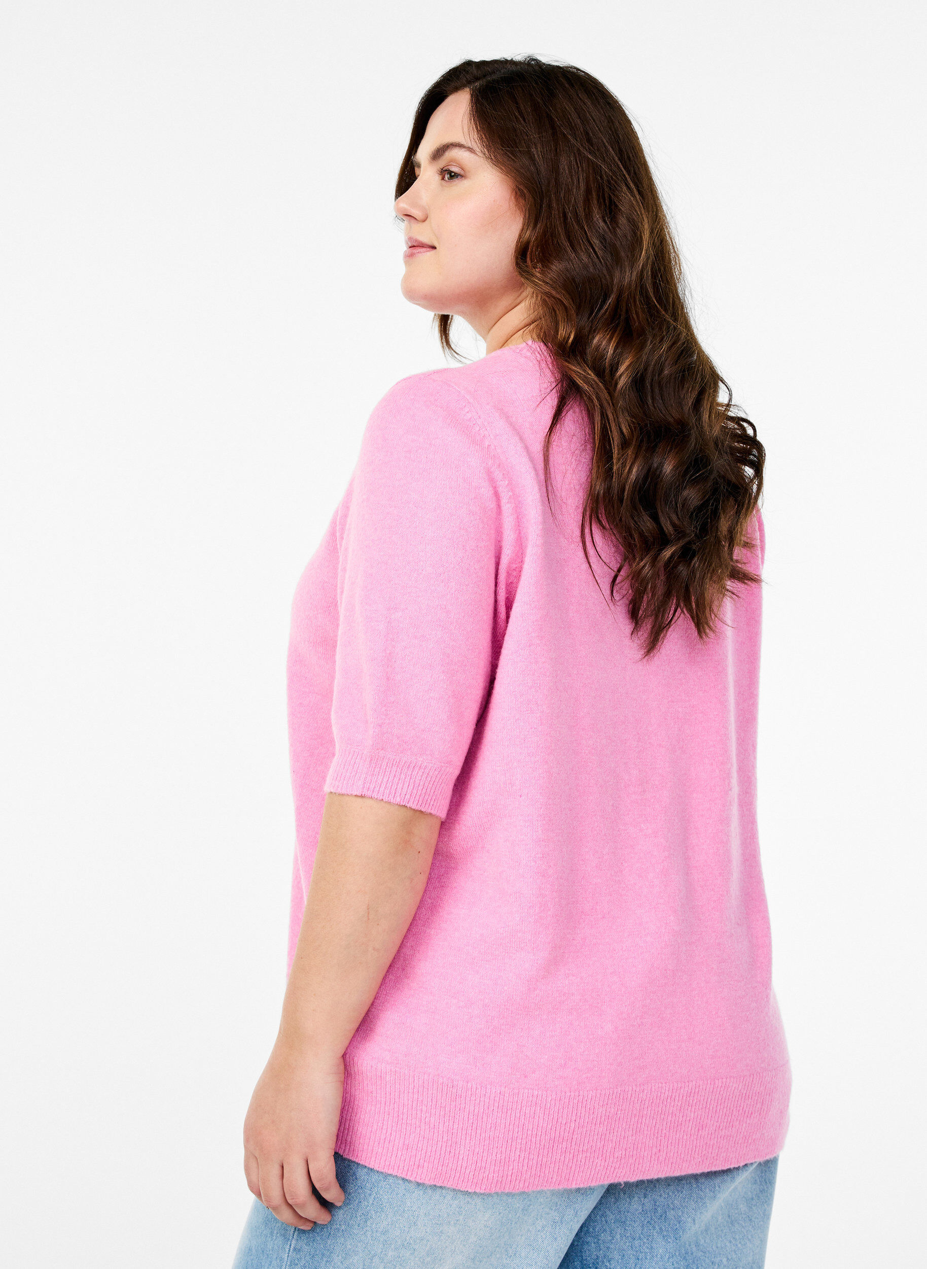 Zizzi Stickad blus med korta &auml;rmar, Rosa, Model image number 2