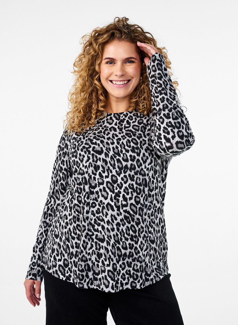 Långärmad blus med leopardmönster, Grå, Model image number 0