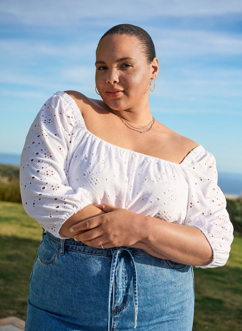 Blus med korta puff&auml;rmar och h&aring;lm&ouml;nster, Vit, Image image number 0