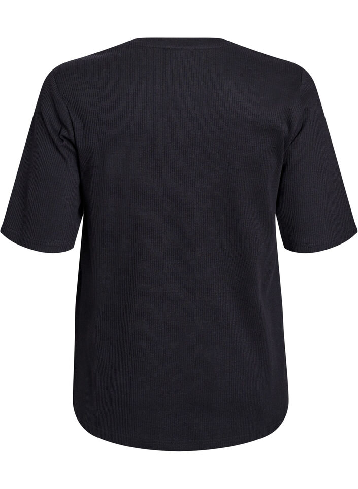 Blus i ribbad jersey med korta &auml;rmar, Svart, Packshot image number 1