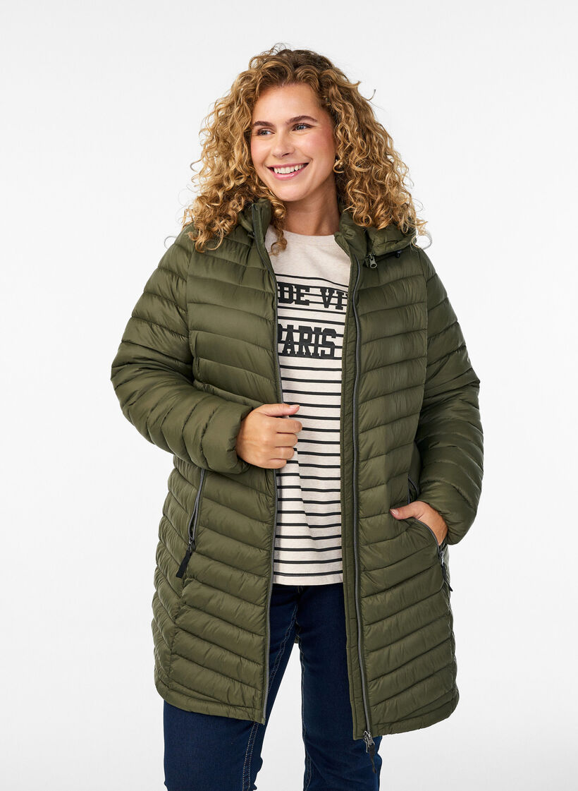 L&auml;ttviktsjacka med fickor och avtagbar huva, Gr&ouml;n, Model image number 0